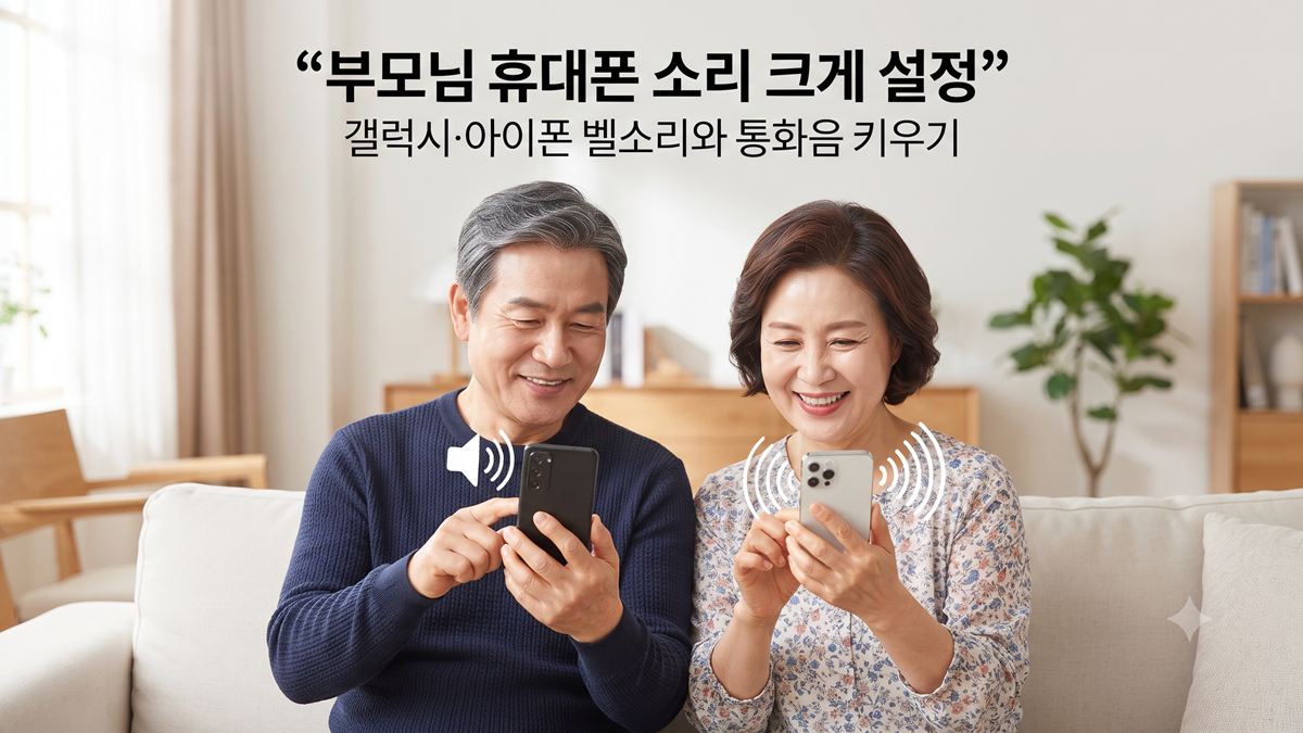 부모님이 갤럭시와 아이폰의 벨소리 및 통화 음량을 크게 설정하는 모습